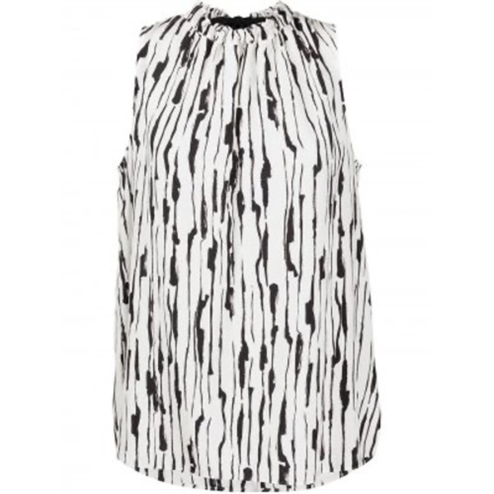 Jason Wu Women Medium White Black Silk Abstract Print Ruffle Tie Neck Blouse